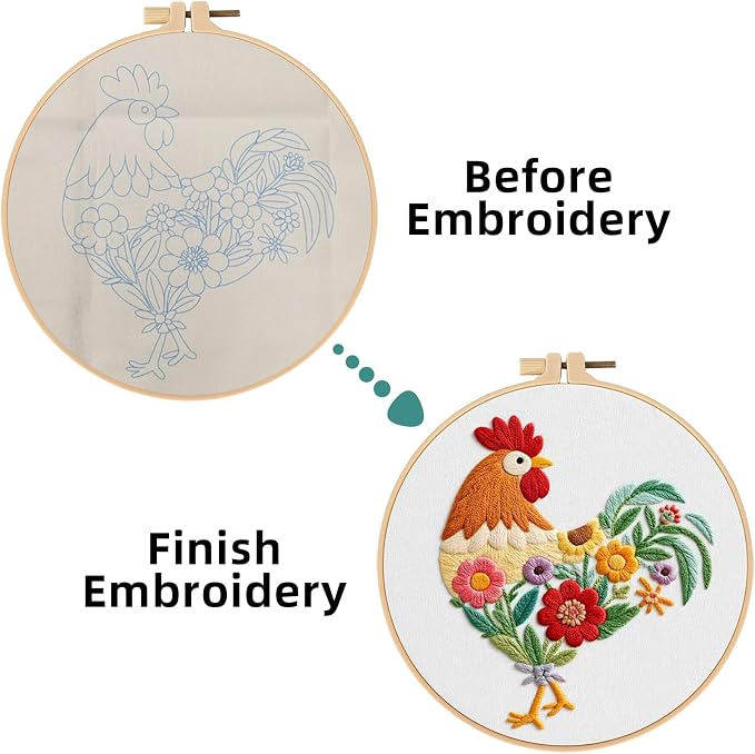 Herdiese Embroidery Kit for Beginners & Adults, Rooster Flower Cross Stitch | Stamped Cross Stitch Kit Including Fabric, Hoop, Threads, Needles & Instructions, Complete DIY Hand Sewing Craft Set