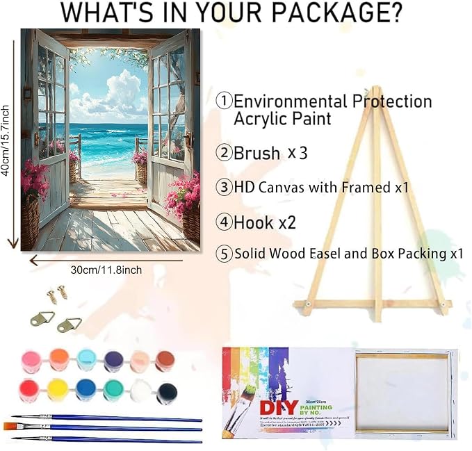 DIY Scenery Paint by Numbers Kit for Adults with Framed Canvas,Landscape Beach Digital Oil Painting Kit for Beginners,Acrylic Paint by Number Kits with Wooden Easel for Holiday Gifts 12X16 Inch.