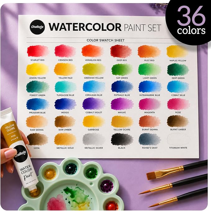 Chalkola 36 Watercolor Paint Set for Adults, Kids & Professional Artists | 36 Watercolor Paint Tubes (12ml, 0.4oz), 10 Painting Brushes & 1 Palette - Vibrant Water Color Art Painting Supplies