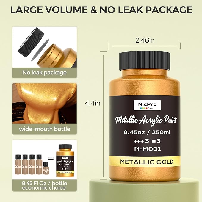 Nicpro Acrylic Paint Set Metallic,25.33oz/750ml Gold Leaf Paint