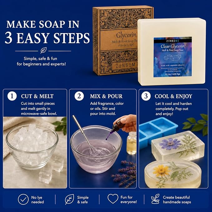 10 LBS Glycerin Soap Base, Melt and Pour Supplies Kit for Soap Making | SLS/SLES & PEG free | Gentle & Foamy Ingredients | Make Your Own Bulk For Adult Soapmaker - Easy to Cut