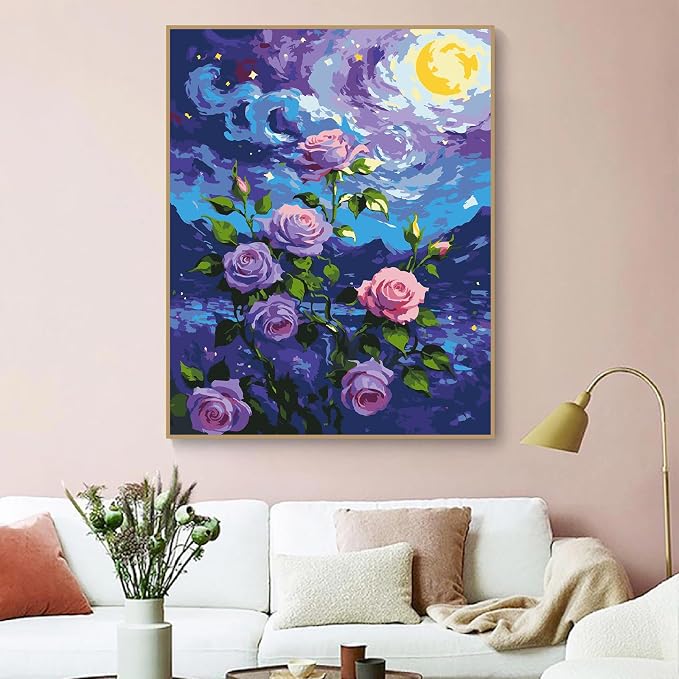 ZRIZQ Flowers Paint by Numbers Kit for Adults Beginner,Purple Rose,16x20