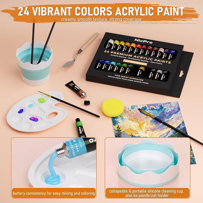 Nicpro 68PCS Acrylic Paint Canvas Set for Adults with 24 Paint for Beginner | Acrylic Paints, Table Easel, 8 Canvas Panels, 12 Brushes, Paper Pad, Cleaning Cup, Sponge, Palette, Art Painting Supplies Kit
