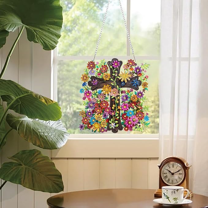 RYMILIE Cross with Flowers Hanging Diamond Art for Adults, Special Shaped Rhinestone, Diamond Painting Pendant DIY Gem Art Wall Hanging Ornament, Acrylic Home Garden Decor with Chain