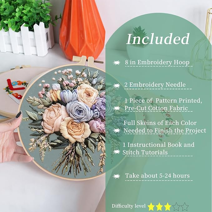 FONNUY Bouquet Flowers Embroidery Kit for Beginners, Pre-Stamped Pattern Kits for Adults with Hoop, Easy to Follow Color Thread Needlework, 8'' Hoop (Joyful Bouquet)