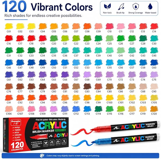 Amamao 120 Colors Soft Brush Tip Acrylic Paint Markers for Wood Rock Canvas
