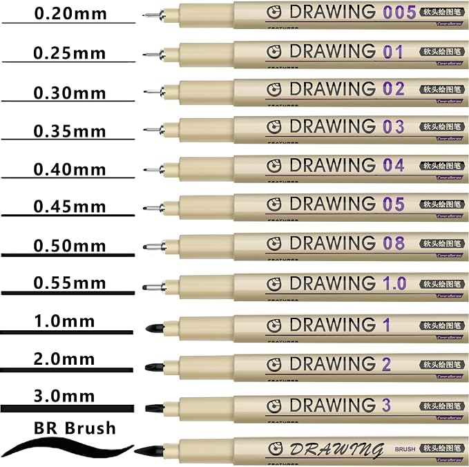 Muchcute Micro Fineliner Drawing Art Pens,12 Black Art Supplies Adult Craft | Waterproof Archival Ink Artist Fine Line Markers Liner, Sketch Outline Anime Gifts Manga Sketching Watercolor Zentangle Stuff