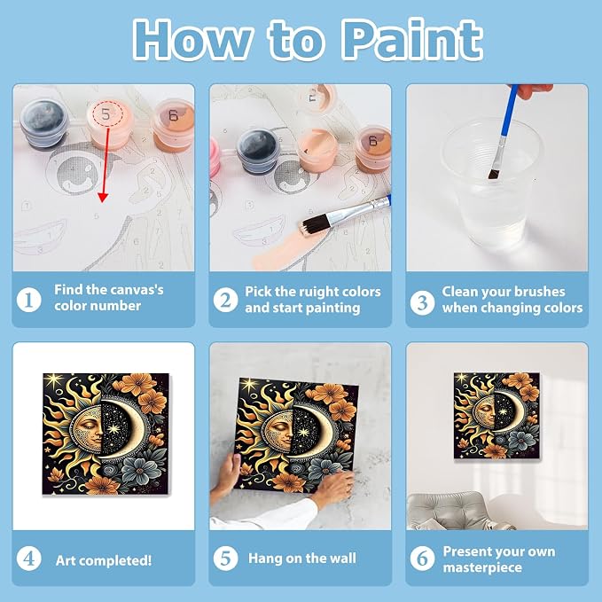 Moon Paint by Numbers Kit for Adults Beginner, Sun Paint by Numbers 10x10 | Framed Paint by Numbers Kit for Adults Beginner with Easel, Acrylic Painting by Numbers, DIY Crafts for Gifts or Home Decor