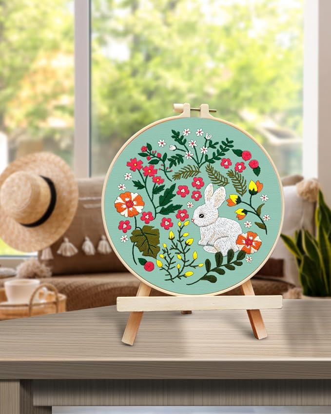 TINDTOP Embroidery Kit for Beginners Adult, Rabbit Embroidery Kit | Include Embroidery Cloth Hoops Threads for Craft Lover Hand Stitch with Embroidery Skill Techniques