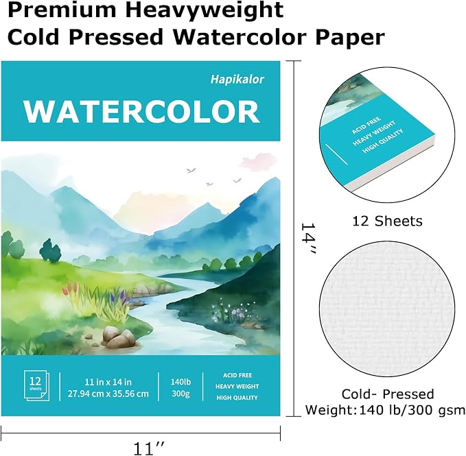 Hapikalor Watercolor Paper, 11"x14" Water Color Paper, 140lb/300gsm Teal | Artist Painting Drawing Paper Book, Art Supplies for Adults Kids, Watercolors, Watercolor Paint Set, Sketchbook, Journal