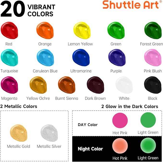 Shuttle Art Outdoor Acrylic Paint Set, 20 Colors Waterproof Paint, 8.45oz Large Bottles, Rich Pigmented Bulk Painting Supplies for Artists, Beginners on Rocks, Wood, Wall, Crafts, Garden Statues