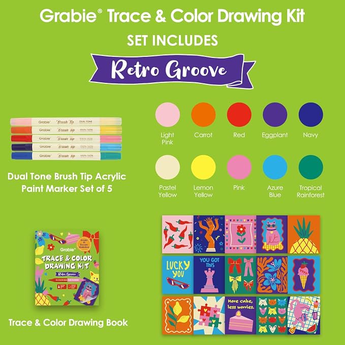 Grabie Trace & Color Drawing Kit, Pack of 5 Dual Tip Markers, Retro Groove