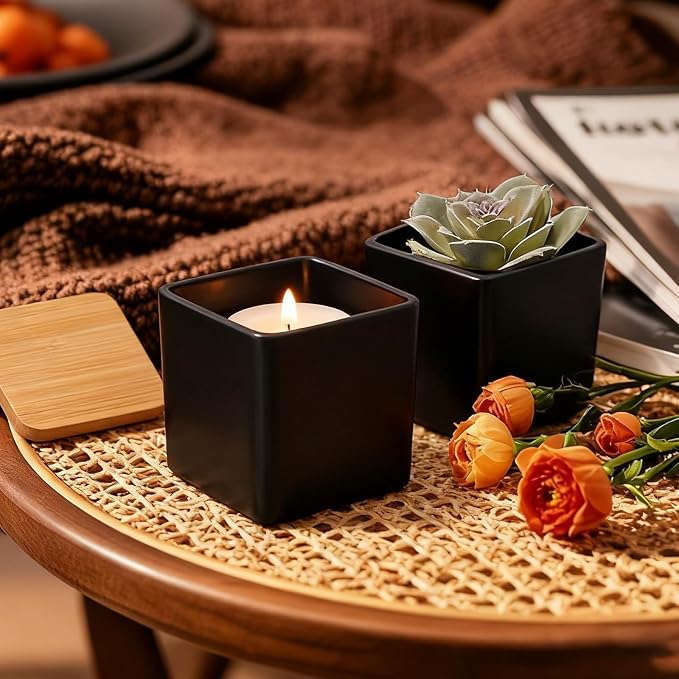 CONNOO 12 Pack 9oz Matte Black Glass Square Candle Jars with Bamboo Lids