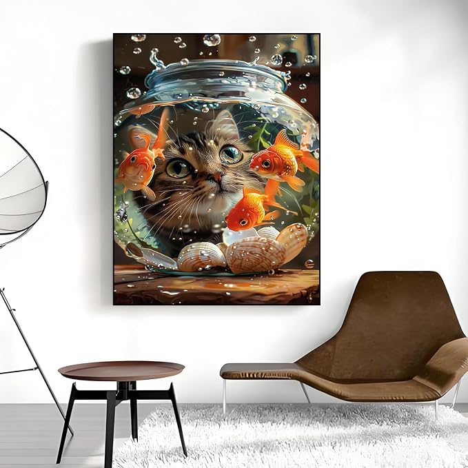 Cat Goldfish Paint by Numbers Kit for Adults Framed Canvas, Frameworkless | Easy Adult Paint by Number Kits on Canvas DIY Cat Goldfish Painting for Beginners Art by Numbers for Home Wall Decor 12X16 in