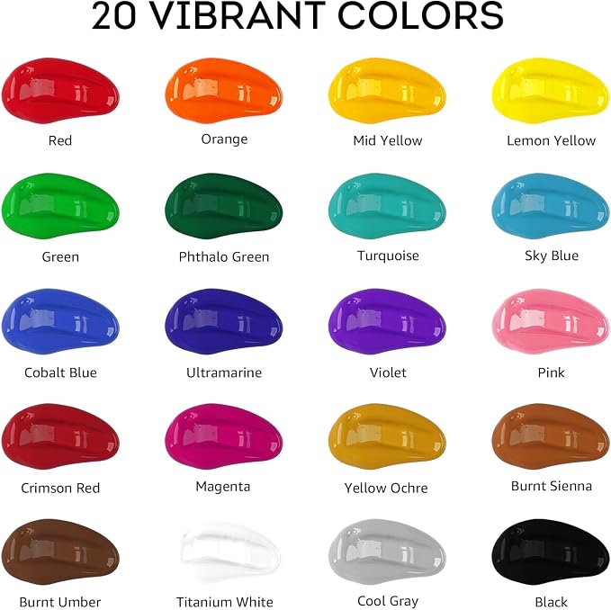 ABEIER Bulk Acrylic Paint Set, 20 Colors x 8.45 oz, Non-Toxic