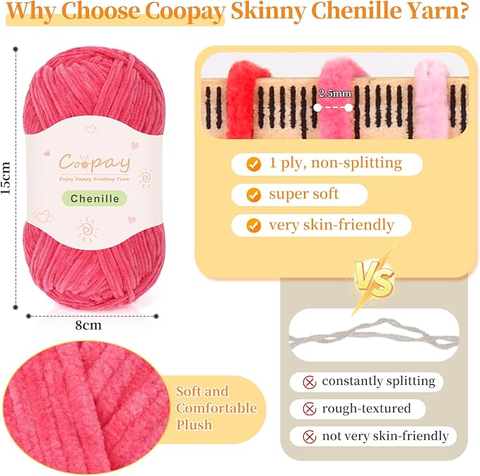 Coopay Skinny Chenille Yarn, Lightweight Soft Yarn for Crochet & Knitting | 12 Colors Crochet Yarn Set - 600g Total, Velvet Yarn for Colorful Crafts, Blankets, Plush Dolls, Decorative Handmade Works