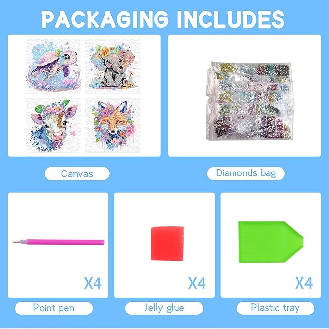 VividMeng 4 Pack Diamond Art Kits for Kids, 5D DIY Cute Animals Diamond Painting Kit for Kids Beginners, Gem Art by Number Kits for Boys Girls Ages 6-8-12-14, Home Wall Decor Gift for Party 6X6inch