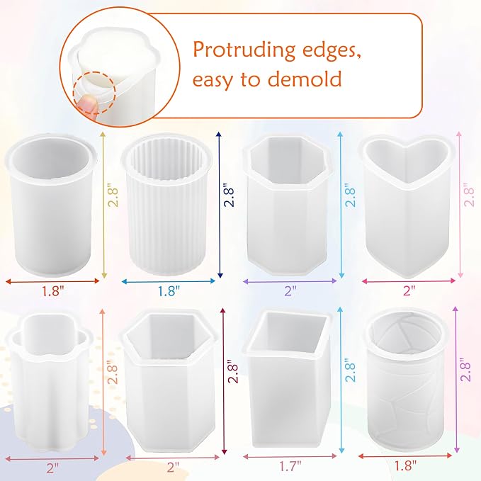 8PCS Reusable Silicone Candle Molds Set - Cylinder/Hexagon/Octagonal/Heart/Flower/Square Shapes for DIY Candle Making, Soap, Resin Crafts, Easy Release Candle Making Kit (8, Cylinder & Hexagon)