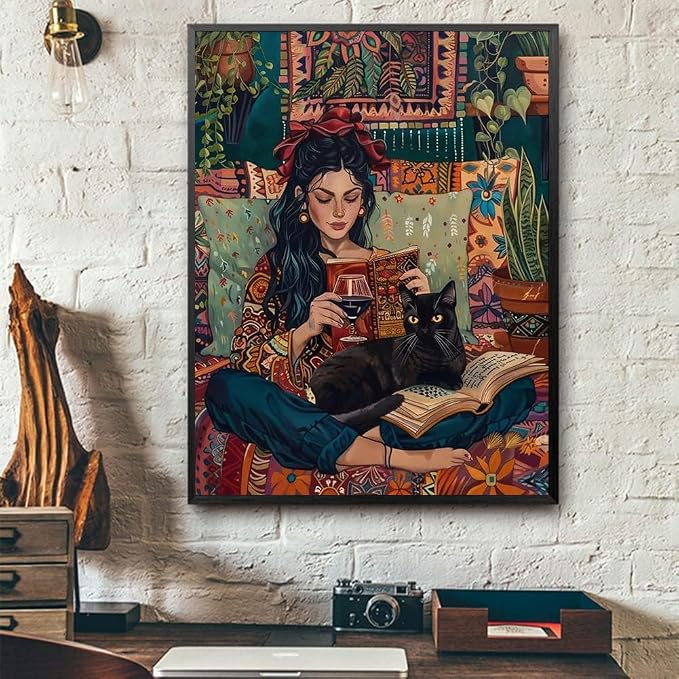 ijbnhd Black Cat Diamond Art Kits for Adults Reading Book 12x16 inch