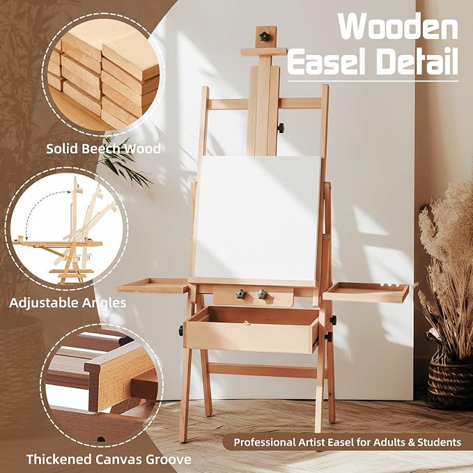 Beech Wood H-Frame Easel for Painting with Tray & Drawer, Natural