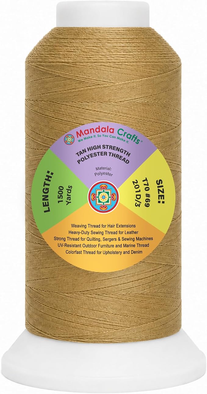 Mandala Crafts Tan Tex 70 Polyester Heavy Duty Thread for Upholstery | 1500 Yds T70 UV Resistant Strong Thread for Leather Sewing, Marine, Drapery, Jeans, Hair Weaving & Extension, Outdoor