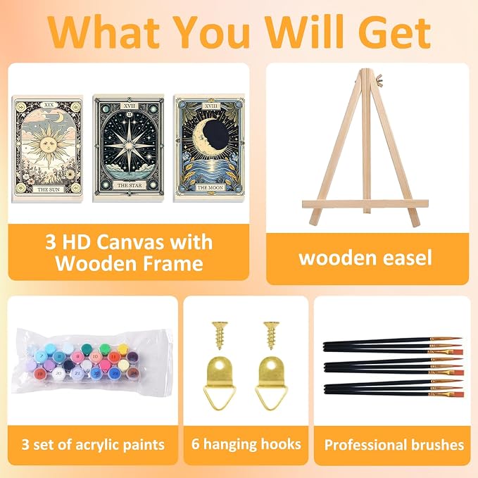 Tarot Paint by Numbers Kit for Adults with Frame, 3 Pack, 7.8x11.8 inch | DIY Painting Kits Crafts for Adults, Relieve Stress, Frame Canvas, Wooden Easel, Gift Box, Home Wall Decor