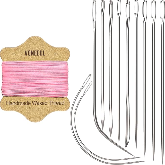 Upholstery Repair Kit: Waxed Sewing Thread (Pink Color) & Heavy Duty Needles (11 PCS) for Leather, Canvas & Quilting Thread