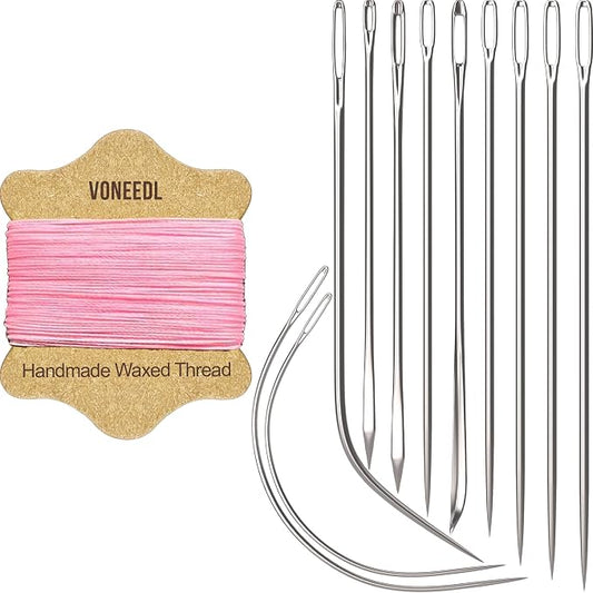 Upholstery Repair Kit: Waxed Sewing Thread (Pink Color) & Heavy Duty Needles (11 PCS) for Leather, Canvas & Quilting Thread