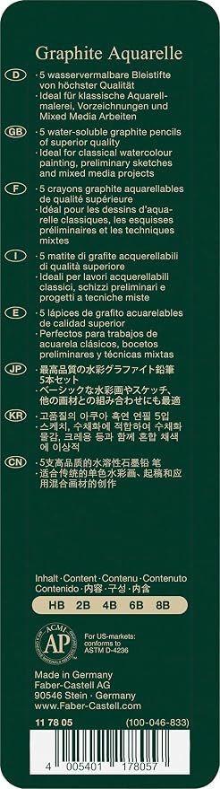 Faber-Castell 5 Piece Quality Water-Soluble Graphite Aquarelle Pencils in a Tin, Including HB, 2B, 4B, 6B and 8B, Grey