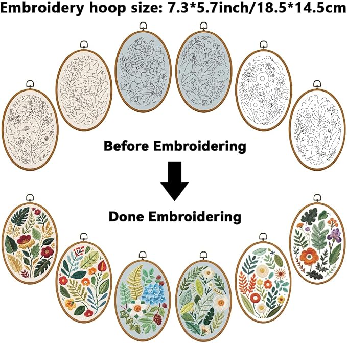ORIGACH 6 Pack Plants Leaves & Flower Embroidery Kits for Beginners, DIY Starter Hand Embroidery Kit with Floral and Leaf Patterns and Instructions for Adults Women Crafting