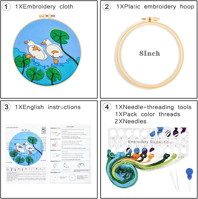 Duck Hand Embroidery Kits for Beginners Adults, Animal DIY Embroidery Starter Kit, Stamped Cross Stitch Kits for Beginner Craft Kits for Adult Women, Entire Set of Embroidery Supplies & Video Tutorial