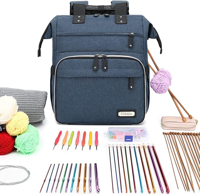 LTINVECK Crochet Backpack,Knitting Bag Backpack Yarn Storage Organizer Travel Bag,Large Yarn Tote Bag for Knitting Needles,Crochet Hooks Accessories,Blue