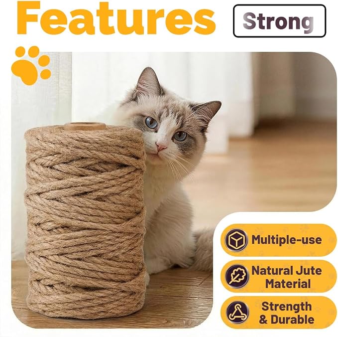 Jute Rope 6MM x 80FT Heavy Duty and Thick Twine Rope for Crafts Projects Gardening Bundling Cat Scratcher Scratching Post Tree Gift Wrapping Home Christmas Decoration (Brown 6mm* 80ft)
