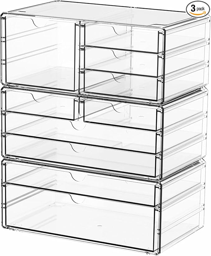 Yieach 3Pack Clear Drawer Organizers Stackable,Acrylic Storage Drawers With 10 Drawers,Multipurpose Office Supply Organizer and Makeup Organizer for Beauty,Craft,Pen,Medical,Stationary Desk Organizers