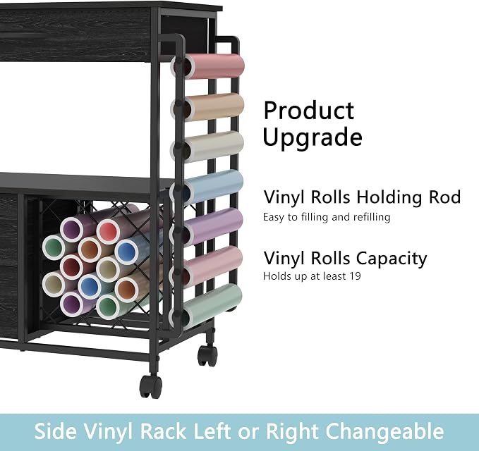 VENNQD Storage Cart Compatible with Cricut Machines Stand Cutting Machine Stand with Drawers and Vinyl Roll Holder Rolling Craft Cabinet Table for Cricut Craft Workstation for cart Craft Room (Black)
