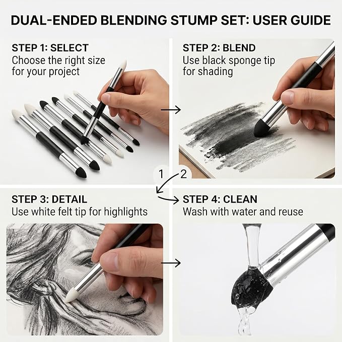 6 Pcs Artist Blending Sponge Pens Dual Tip,Reusable Washable Blending Tools for Oil Pastels,Colored Pencils,Drawing,Sketching,Highlight & Shadow Detail
