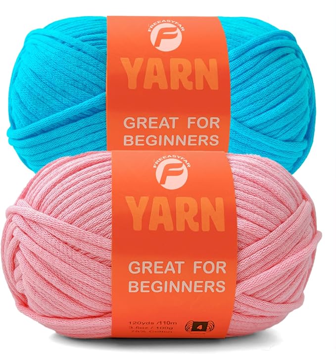 2x3.5Oz Beginner-Friendly Yarn for Crocheting and Knitting;Worsted-Weight Medium #4;Cotton Blend Yarn for Beginners with Easy-to-See Sitches,Great for Amigurumi DIY (Blue+Pink)
