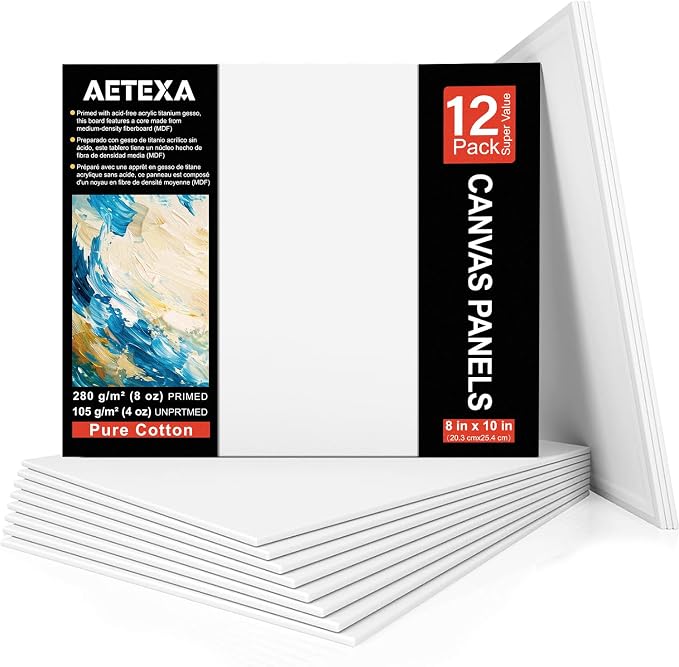 AETEXA Canvases for Painting 8x10 Inch, Canvas Bulk Pack of 12, 8 oz Primed Canvas Panel, Blank Canvas for Painting, Canvas Boards for Painting Acrylic and Oil, Art Supplies for Adults and Teens.