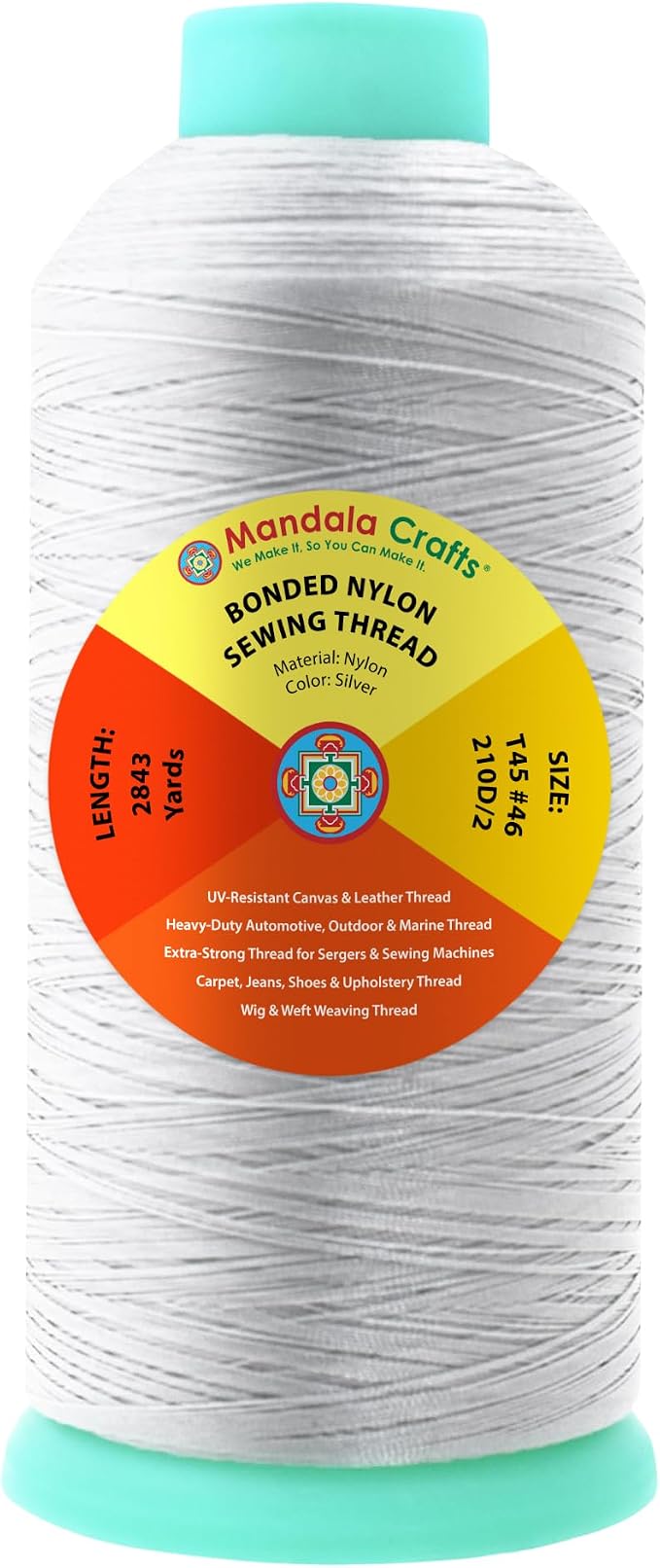 Mandala Crafts Size 46 210D T45 Silver Bonded Nylon Thread, 2843 YDs