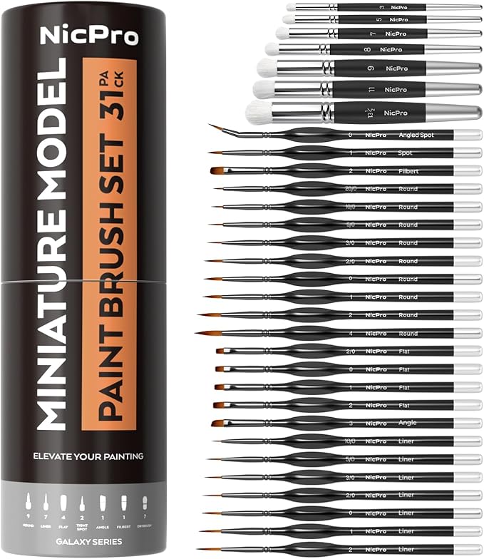 Nicpro Miniature Paint Brushes Drybrush - 31PCS Model Paint Brush Set | for Acrylic Oil Watercolor, Detail Paint Brush Dry Brush for Model, Miniature Painting, Paint by Numbers - with Container