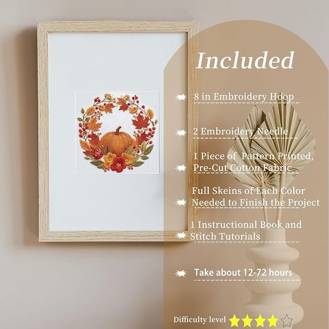 FONNUY Fall Embroidery Kit, Handmade Autumn Wreath Pre-Stamped Pattern for Beginners, Thanksgiving Harvest Home Decor, 8'' Hoop (Pumpkin)