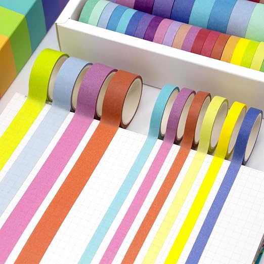 WAPETASHI Washi Tape Set - 40 Rolls, 2 Sizes Rainbow Decorative Tape for Journaling & Scrapbooking