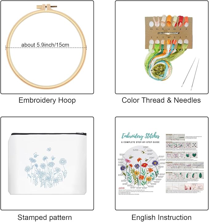 Louise Maelys Embroidery Kit for Beginners Wildflower Canvas Makeup Bag