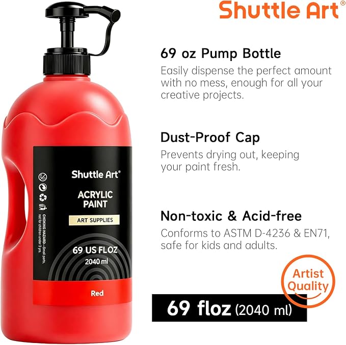 Shuttle Art 6 Colors Acrylic Paint Set, 69oz/2040ml Large Capacity Pump Bottles, Rich Pigments, High Coverage Paint, Fast Drying, Non-Toxic, for Canvas Wood Ceramic Rock Painting & DIY Crafts