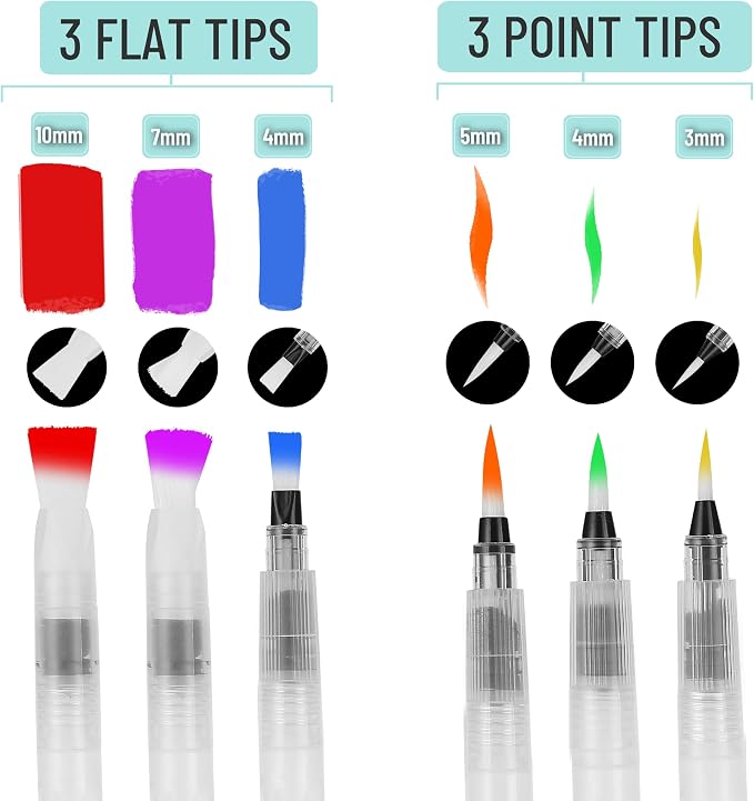 Mr. Pen- Watercolor Brush Pens, 6 pcs | 3 x Point Tips and 3 x Flat Tips Styles, Nylon Bristles, Refillable Watercolor Pens for Acrylic, Gouache, Crayons