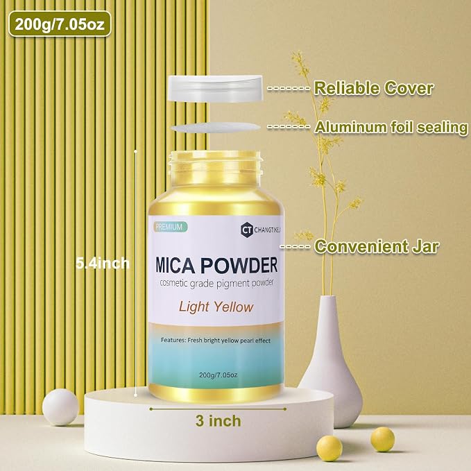 Mica Powder,7.05OZ（200g）,Light Yellow Mica Powder Pigment for Epoxy Resin，Lip Gloss，Car Paint，Dye，Soap Making，Nail Polish,Epoxy Resin,Candle Making,Bath Bombs