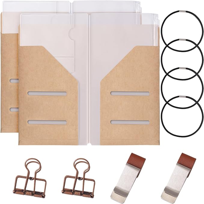 Roadtofree Passport Size Travelers Notebook Accessories Kit - All-in-One Set with Kraft Folder, PVC Zipper Case, Pen Holder, Binder Clip & 2 Elastic Bands for Travel Journal, Daily Use (Kraft, Standard Size 2 PC)