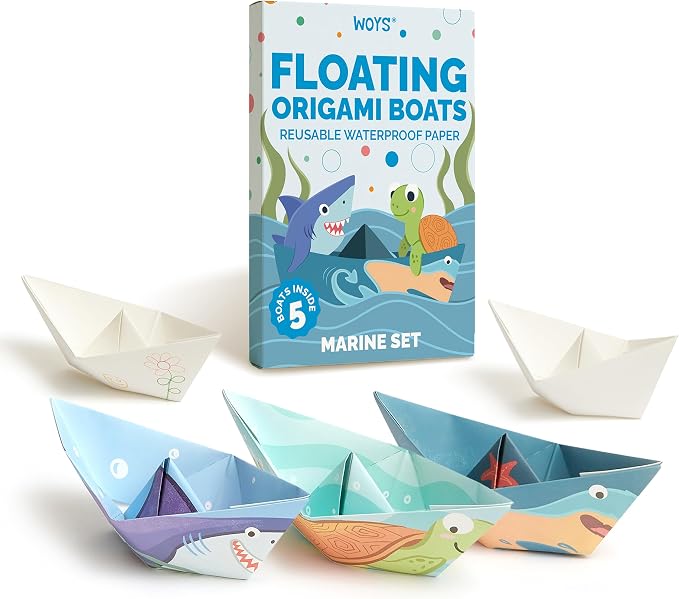 WOYS Floating Origami Boats | Marine Set | Waterproof Premium Reusable Paper | Screen-Free DIY Arts & Crafts Activity & Gift | 5 Sheets | Bath, Pool & Indoor Play