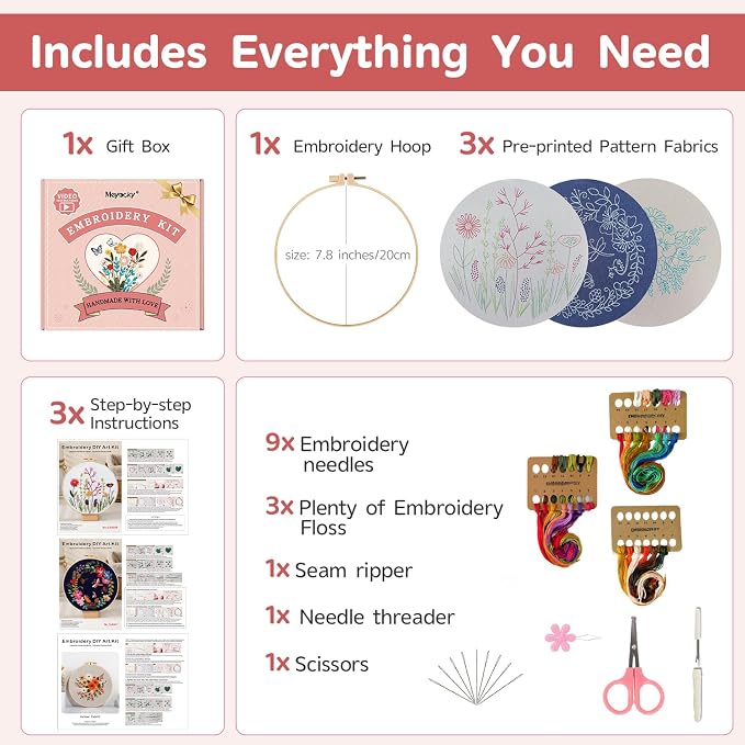 Meyocky Embroidery Kit for Beginners with Floral Leaf Patterns& HD Videos | 3 Pre-Printed Flower Embroidery Starter Kit for Adults, Step-by-step Instructions Hoop Threads, Gift for Women Craft Lovers