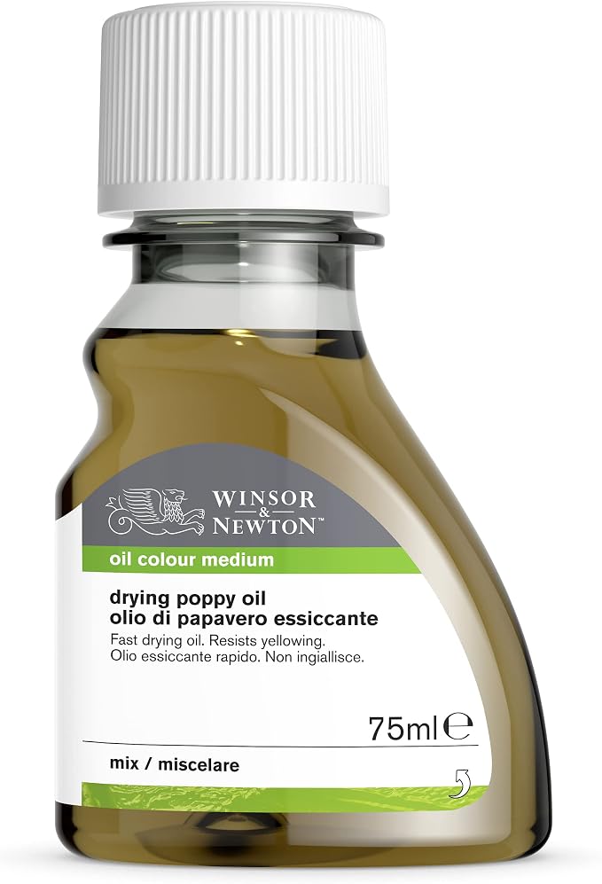 Winsor & Newton Sansodor Drying Poppy Oil, 75ml (2.5oz) Bottle | Pale, fast-drying poppy oil ideal for whites and bright colors to prevent yellowing in fine oil painting.
